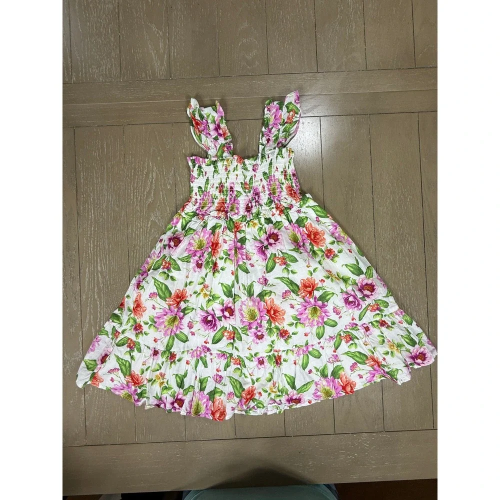 Janie and Jack Dress Kids 8 Multicolor Peach Floral Smocked Cotton 2-Pack